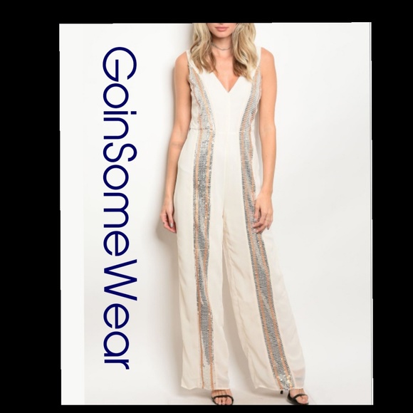 GSW Women's Small Cream Sequined Gold Silver Trim Detail Sleeveless Jumpsuit NWT - Picture 3 of 6